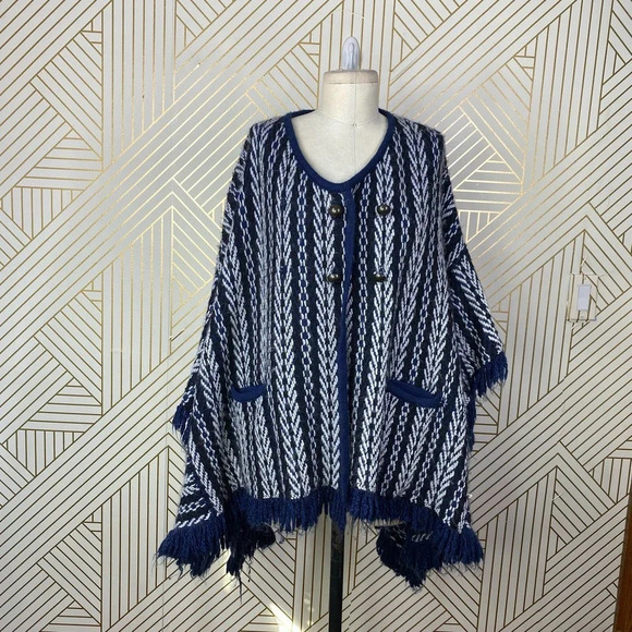 Anthropologie Sleeping on Snow Tajo Poncho Sweater Fringe Knit Blue One Size - Picture 2 of 12